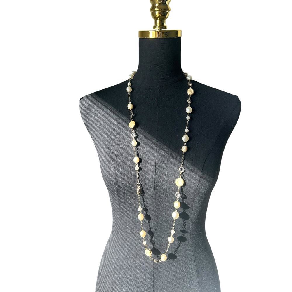Charming Charlie Gold Color Faux Pearl & Bezel Crystal Station Necklace - 42"